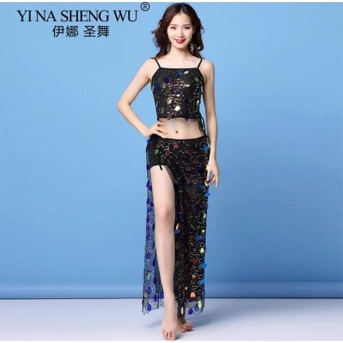 Belly Dance Set Practice Clothes Sequin Sling Top Skirt Women New Belt Drawstring Dance Costumes Sexy Hip Scarf Belly Dance 2Pcs
