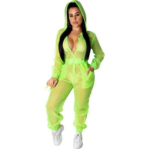 Summer Rompers Womens Jumpsuit Neon Green Full Sleeve Hooded Long Overalls Streetwear