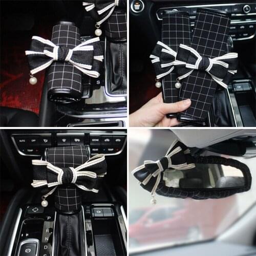 Car Seat Belt Cover Linen Seat Belt Shoulder Pad Cute Bow Plaid Linen Shifter Gear Cover Hand Brake Covers Sets Girls Women