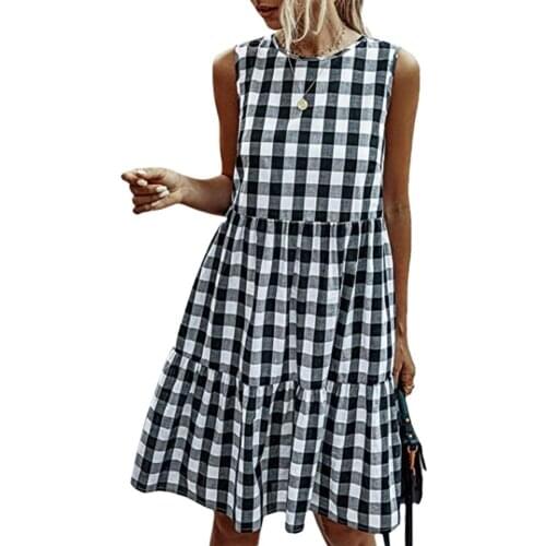 Women Dress 2021 Summer Sleeveless Plaid Print O Neck Ruffled Knee-length A-line Dress Vintage Ladies Mini Dress Female Sundress