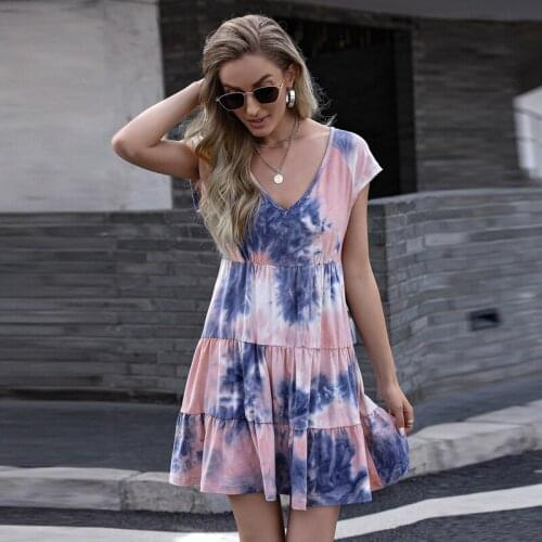 2021 Hot Tie Die Woman Dress Drawstring Slim Short Sleeve Sexy V Neck A Line Dresses Vestido De Mujer Lady Dresses