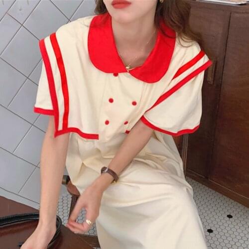 Korean Chic French Sweet Navy Collar Contrast Color Pleated Loose Mid-Length Double-Breasted Flying Sleeve Dress Women