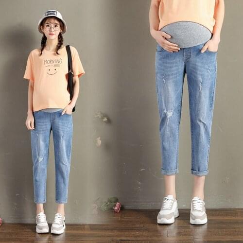 320# Maternity pants Spring Autumn Maternity Jeans Belly Support Pants Support Abdomen Hole Decoration Maternity Trousers