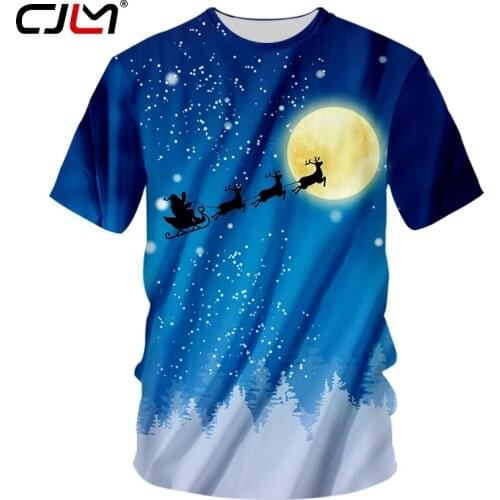 CJLM Christmas Theme 3D Printed Moon Background O Neck Tshirt Santa Claus And Elk Fashion Leisure Mens T Shirt 6XL