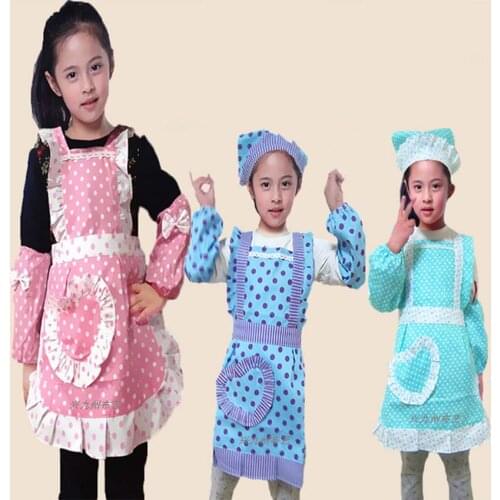 Children Baby Kids Apron Sleeves Hat Set Big Pocket Kitchen Baking Painting Cooking Craft Art Bib Apron S M L Print Logo