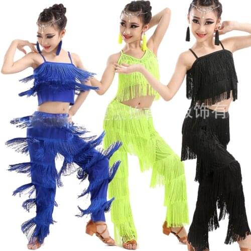Kids Sequins Stage Tassels Competition Latin Dance Dress Girls Gymnastics Practice Party Dancing Dress Costumes Child Dancewear