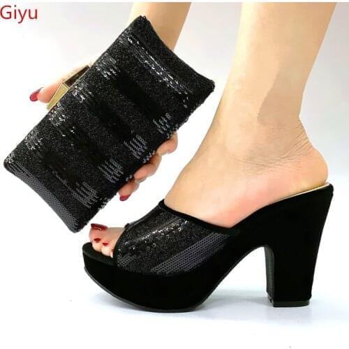 Doershow good price African Wedding Shoes and Bag Set black Italian Shoes with Matching Bags Nigerian Women party! SLK1-7