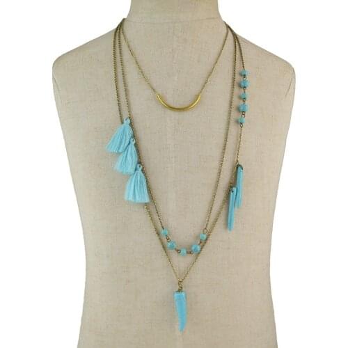 Vintage Bohemia Gold Metal Blue Stone Pendants Statement Necklace for Women Cotton Thread Tassel Necklace Ethnic Jewelry Bijoux