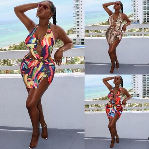 Sexy Women Summer Swimwear, Multicolor Print Hanging-Neck Hollow Sleeveless Backless Swimsuit with Rings for Girls
