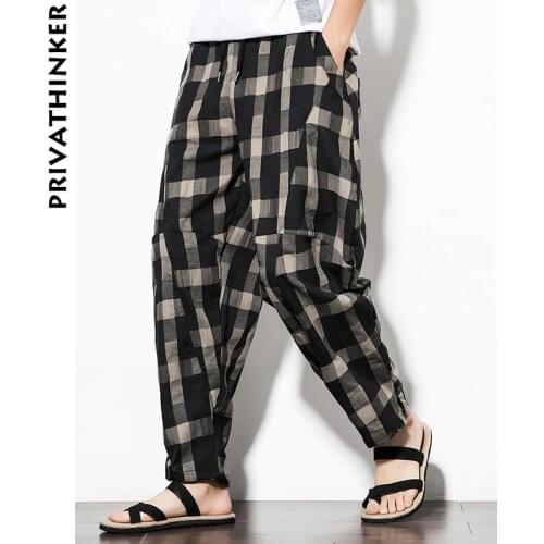 Sincism Store Mens Plaid Harem Pants Breathable Linen Baggy Pants Casual Mid Waist Harajuku Trousers Hip Hop Streetweat Pants