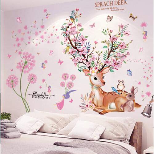 Pink Flowers Plant Wall Sticker DIY Deer Animal Wall Decals for Living Room Kids Bedroom Kitchen Nursery Home Decoration