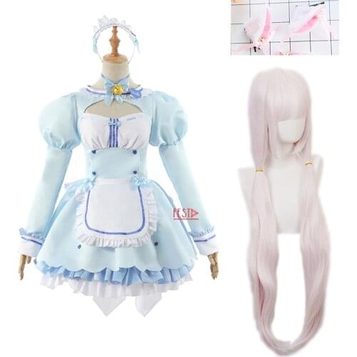 Nekopara Vanilla Cosplay Costume Maid Lolita Dress Blue Skirt Wig Cat Ear Hairpin Girls Women Dress Halloween Show Set Role Play