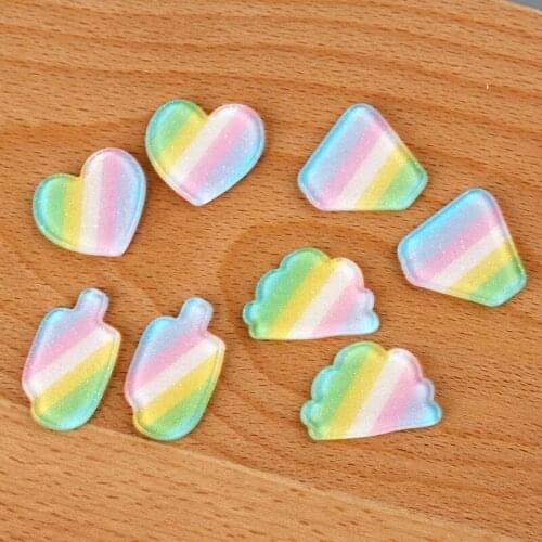 New Rainbow Colors Glitter Resin Cabochon Love heart Ice Cream Cloud Triangle Sticker Patch Girl Hair Jewelry DIY 10pcs 23mm