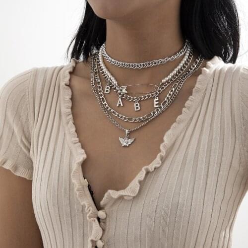 New Ins Vintage Personality Pin Pearl Necklace Punk Hip Hop BABE Letter Angel Necklaces For Women Girls Fashion Jewelry Gift