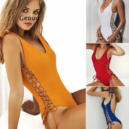 Lace Up Sexy Bikini Push Up One Piece Swimsuit Female String Yellow Swimwear Women One-Piece Suits Swim Suit