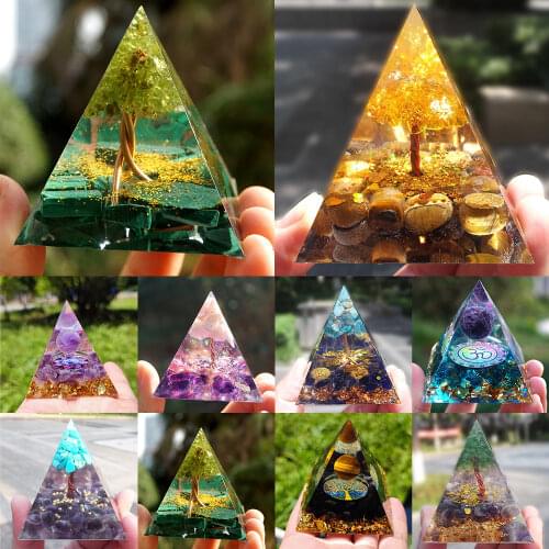 Tree of Life Orgone Pyramid Crystal Energy Orgonite Pyramid Peridot Healing Gem Stones EMF Orgonite Chakra Reiki Meditaiton Tool