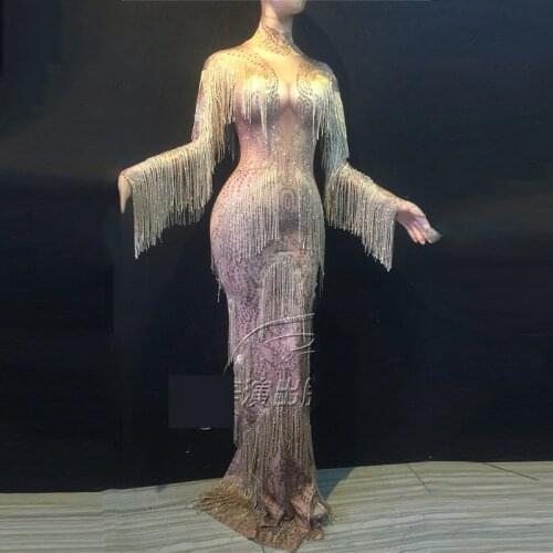 Champagne Gold Rhinestones Fringes Dress Stage Wear Big Stretch Dress Singer Evening Performance Tassel Long Dress DWY1349
