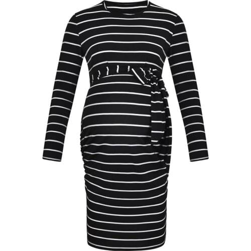 Long Sleeve Maternity Tie-in Waist Dresses Striped Side Ruched Pregnant Womens Dress For Pregnancy Womens Clothes Black Gray