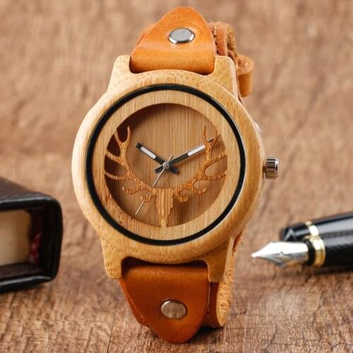 Steampunk Design Wood Watches Mens Moose Deer Elk Face Bamboo Wrist Watch Male Genuine Leather Quartz Watch Reloj de madera