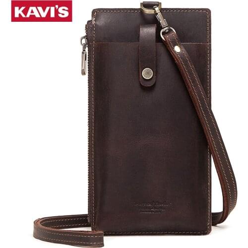 KAVIS Genuine Leather Cell Phone Bag Male Multifunction Card Pocket Wallet High Quality Neck Strap Shoulder Bag Fashion For Men