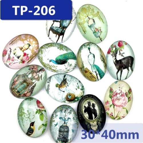 ZEROUP 30*40mm oval glass cabochon pictures mixed pattern fit base setting for jewelry embellishment flatback 10pcs/lot