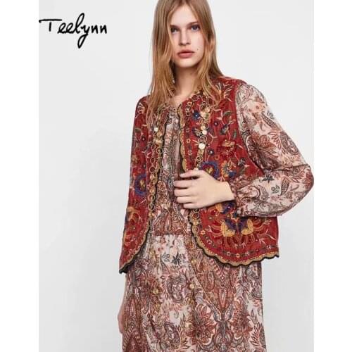 TEELYNN Boho velvet jacket for women autumn orang floral Sequins Embroidery appliques sleeveless outerwear female jackets
