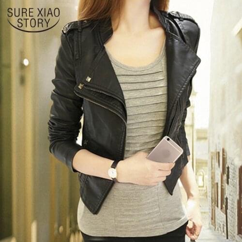 Autumn winter 2021 Ladies Motorcycle Leather Jackets Women Turn-down Collar Zipper Slim Black Moto & Biker Jacket Female 15688