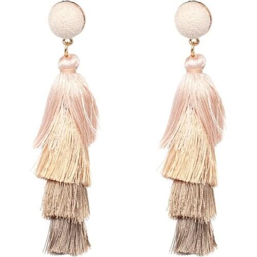 Bohemia Boho Joint Colors Tan Grey Shampagne Beige Overlapping 4 Layers Cotton FabricTassel Long Dangle Earrings For Women