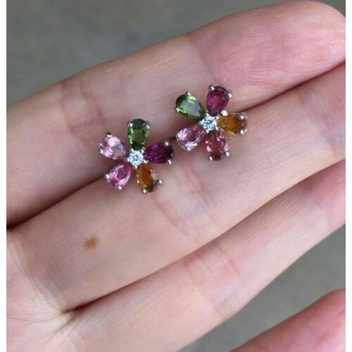 Natural Multicolor tourmaline earrings 925 silver Natural gemstone earring women fashion Lovely elegant Flower Earrings jewelry