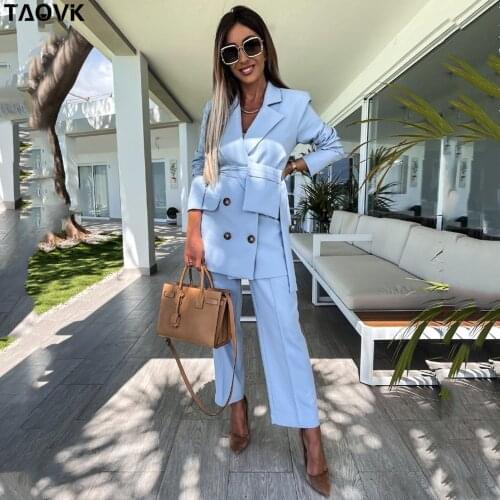TAOVK Women office Pant Suit Double breasted Full Sleeve Blazers Jacket+Wide leg Pant Two Pieces Set Lady Outfits Work Clothes