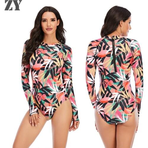 ZY Women Print Floral One Piece Swimsuit Swimwear Monokini Long Sleeve Printed Female Bathing Suit Surfing Wear Beach Swim 2021