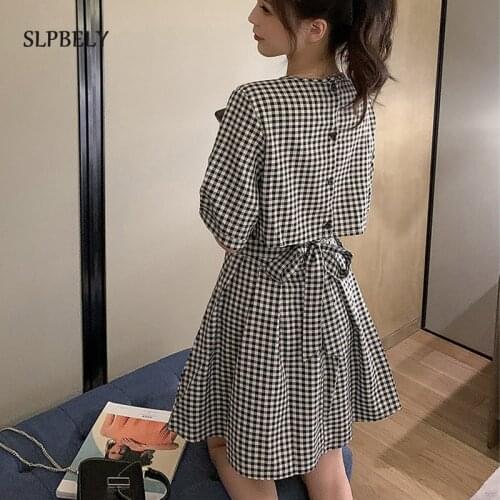 SLPBELY Women Retro Plaid Dress Summer Short Sleeve Black Elegant Lace Up Mini Dress Sweet High Waist A-Line Party Dress Vestido