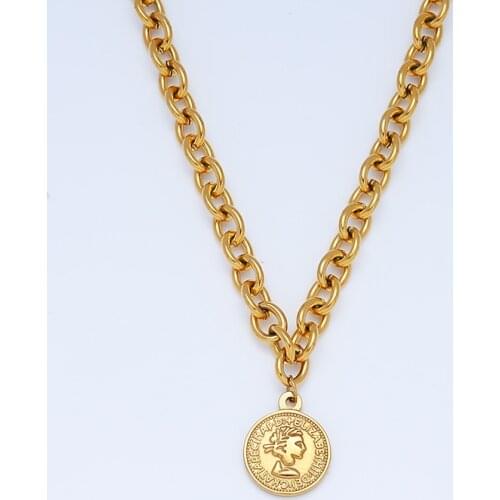 Coin Medallion Necklaces Stainless Steel Queen Elizabeth Necklace For Women 8mm Metal Rolo Heavy Duty Chain Choker Collar