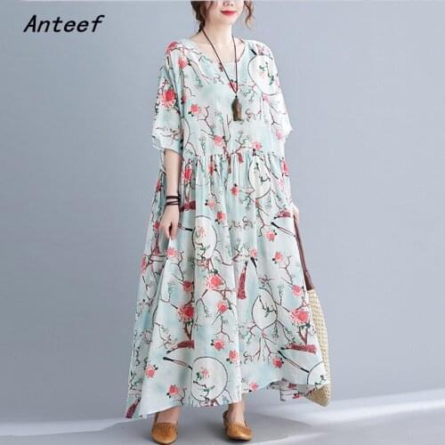 Short sleeve plus size cotton vintage floral dresses for women casual loose long summer dress elegant clothes 2021 sundress