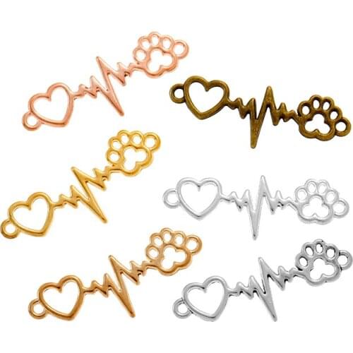 15pcs Wholesale 6 Color Heartbeat Bear Paw Connector Charms Alloy Metal Pendants For Handmade Jewelry Accessories Making