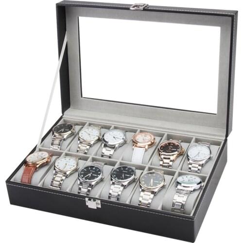 12 Grids PU Leather Watch Box Gray Inner Watch Case Holder Organizer Storage Box for Men Watches Women Jewelry Display Best Gift