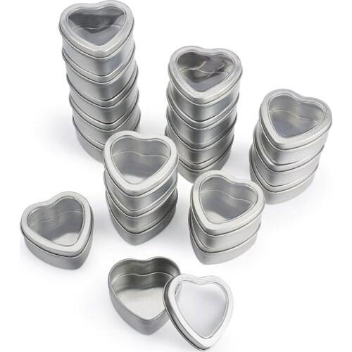 18pcs Tinplate Box Storage Containers for Jewelry Beads Candies with Lip and and Clear Window Heart Platinum 6.05x6x2.75cm