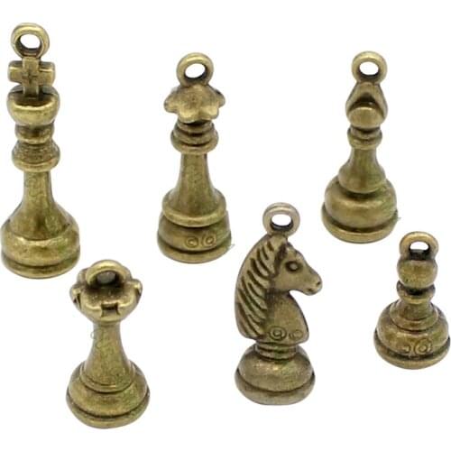 8Sets(48pcs)-Chess Piece charms, Antique Bronze 3D King Queen Bishop Knight Rook Pawn Charm pendants