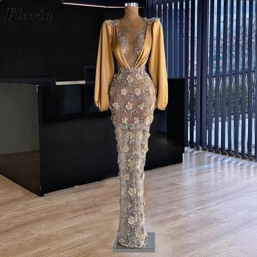 Champagne Flowers Evening Dresses 2021 Newest Long Sleeves Evening Gowns For Women Robes Dubai Crystals Prom Dresses Kaftans