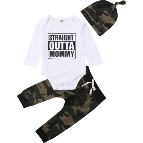 Newborn Infant Baby Boy Fashion Mommy Letter Romper Tops+Long Camouflage Pants Outfits Clothes 3Pcs 0-24M