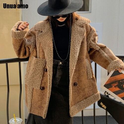 Unua amo Brand Fashion Designer Winter Faux Fur Jacket Women Chic Pocket Biker Outwear Female Warm Imitation Leather Plush Coat