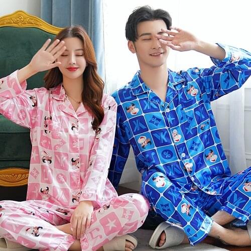 Fashion Couple Pajama Oversize 3XL Sleepwear Satin Cartoon Home Wear 2PCS Shirt&Pant Pijama Pyjamas Set Loose Lovers Nightwear
