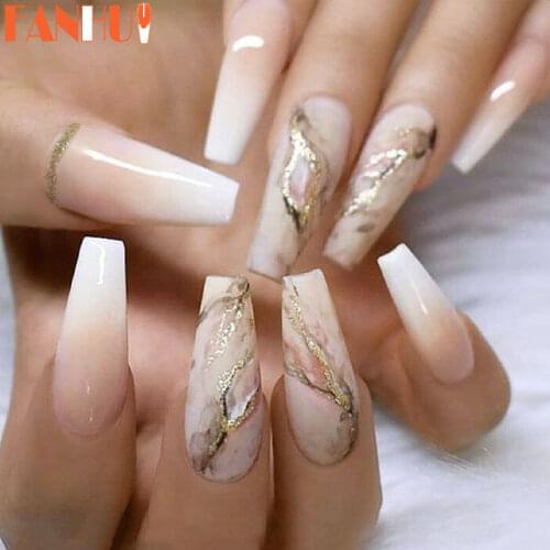 24Pcs False Nails with Light Pink Gradient Marble Design Long Coffin Ballerina Fake Nails Press On Nail Artificial Nail Art Tips