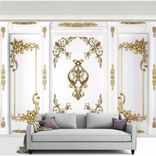 European Style Mural White Wallpaper 3D Stereo Golden Carve Patterns Wall Painting Living Room TV Sofa Luxury Home Decor Fresco