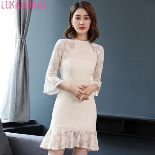 LUKAXSIKAX 2020 New Spring Autumn Women Dress High Quality Fashion Speaker Sleeve Mermaid Hem Elegant Slim Lace Dress