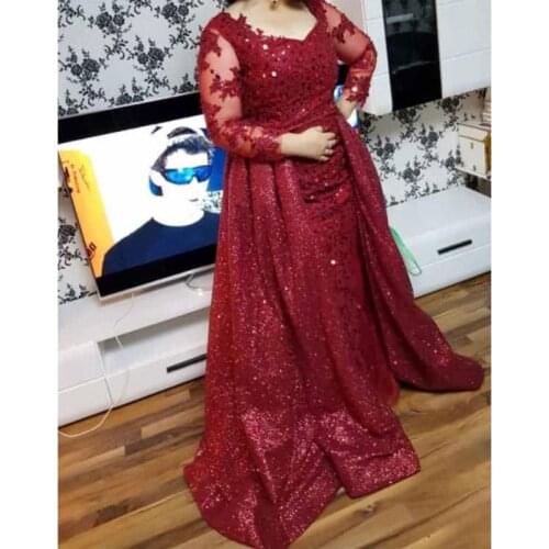 New Arrival Dubai Red Luxury Evening Dresses 2020 Arabic Long Sleeve Lace Detachable Tail Mermaid Dress Sequin Evening Gowns
