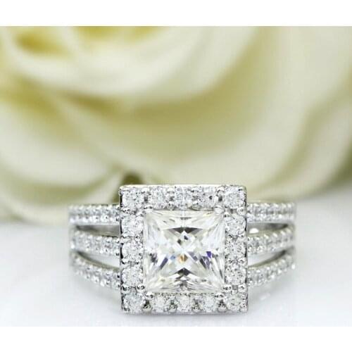 Solid 14k White Gold Wedding Engagement Ring 3.0carat ct Princess Cut DEF Color 8mm Solitaire with Accents For Women