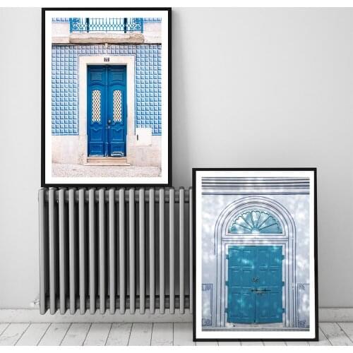 Self-adhesive Wall Stickers The Blue Door Lisbon Portugal Painting Green Door Posters Print Wall Art Pictures Living Room Decor