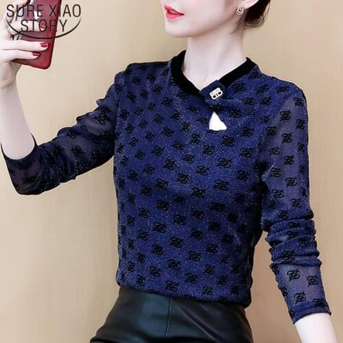 Autumn Winter 2021 New Round Collar Bottom Shirts Women Thin Long Sleeve Sexy Women Tops Fashion Print Hollow Blouses 6965 50