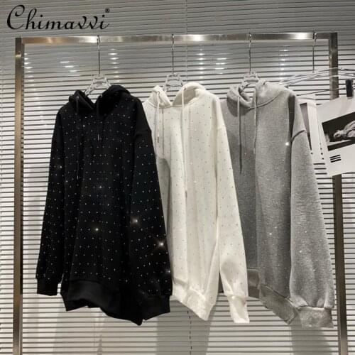 2021 Spring/Autumn New Womens Hoody Sweatshirt Starry Rhinestone Shiny Loose Pullover Hooded Hoodie for Women Casual Clothes